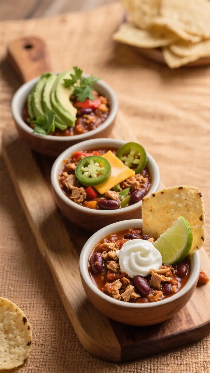 Restaurant-quality plating: Three small chili bowls for a game-day spread, artfully arranged on a wo