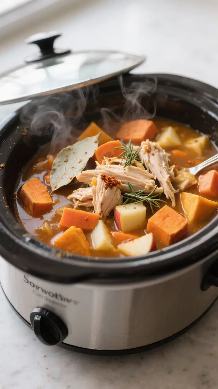 Slow cooker action shot: Harvest Chicken Stew simmering on LOW, lid just lifted to reveal fork-tende