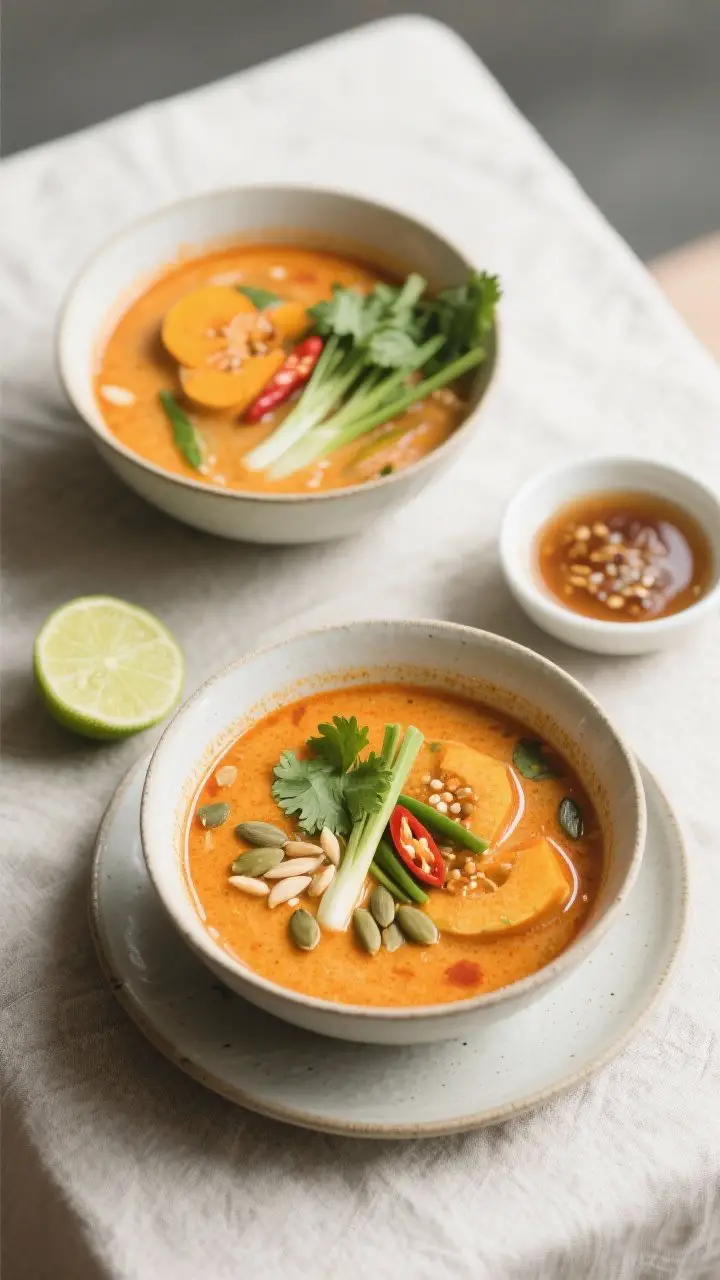 Tasty : Overhead shot of a shared table setting featuring two bowls of the finished soup at differen