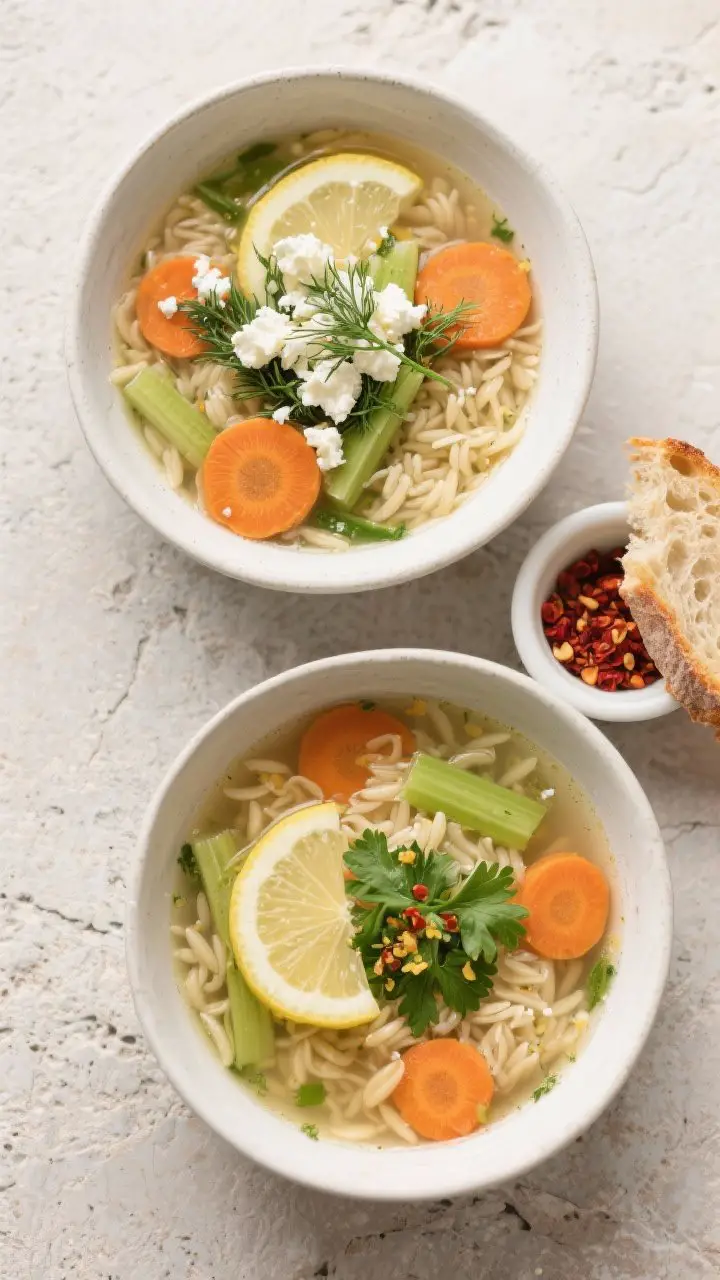Tasty overhead shot: Top-down composition of two bowls of the soup with a generous orzo-to-broth rat
