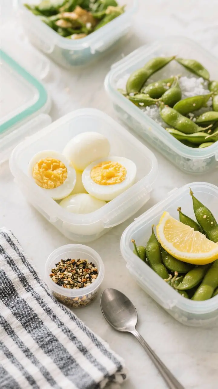 Tasty top-down meal prep view: Overhead shot of a meal-prep layout featuring a few airtight containe
