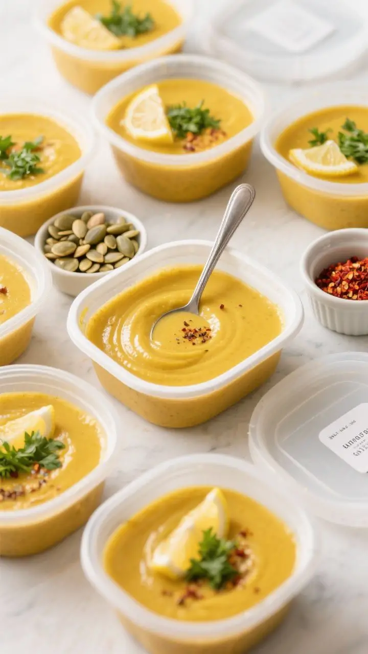 Tasty top-down meal-prep view: Overhead shot of several portioned containers filled with the velvety