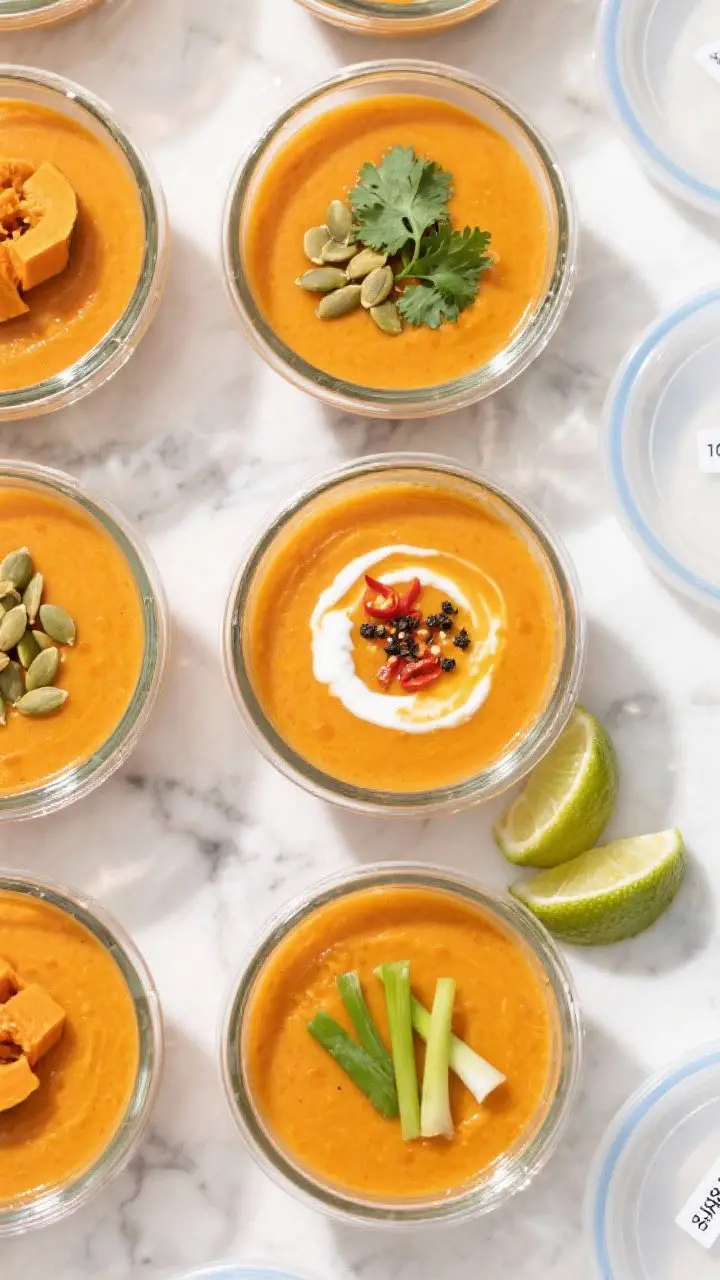 Tasty top-down presentation for meal prep: Overhead shot of multiple portions of the blended soup in