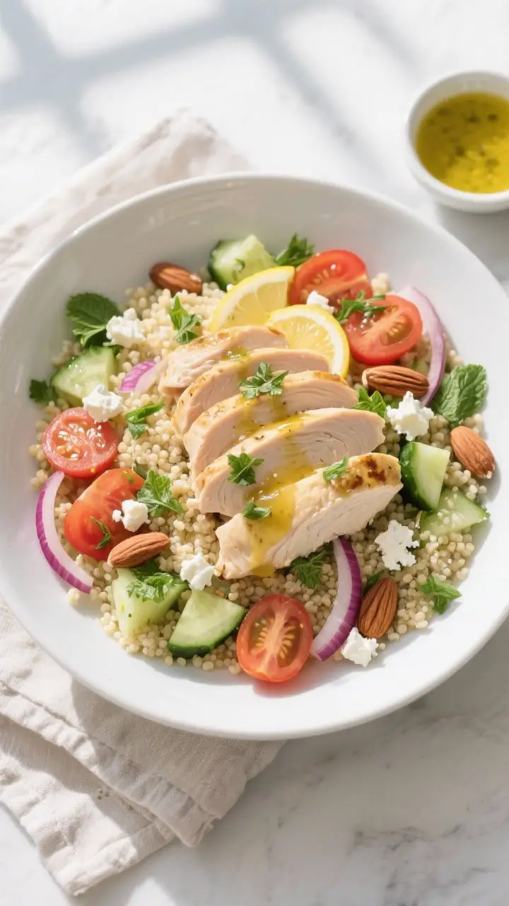 Tasty top view, assembled salad: Overhead shot of Lemon Herb Chicken and Couscous Salad in a wide, s