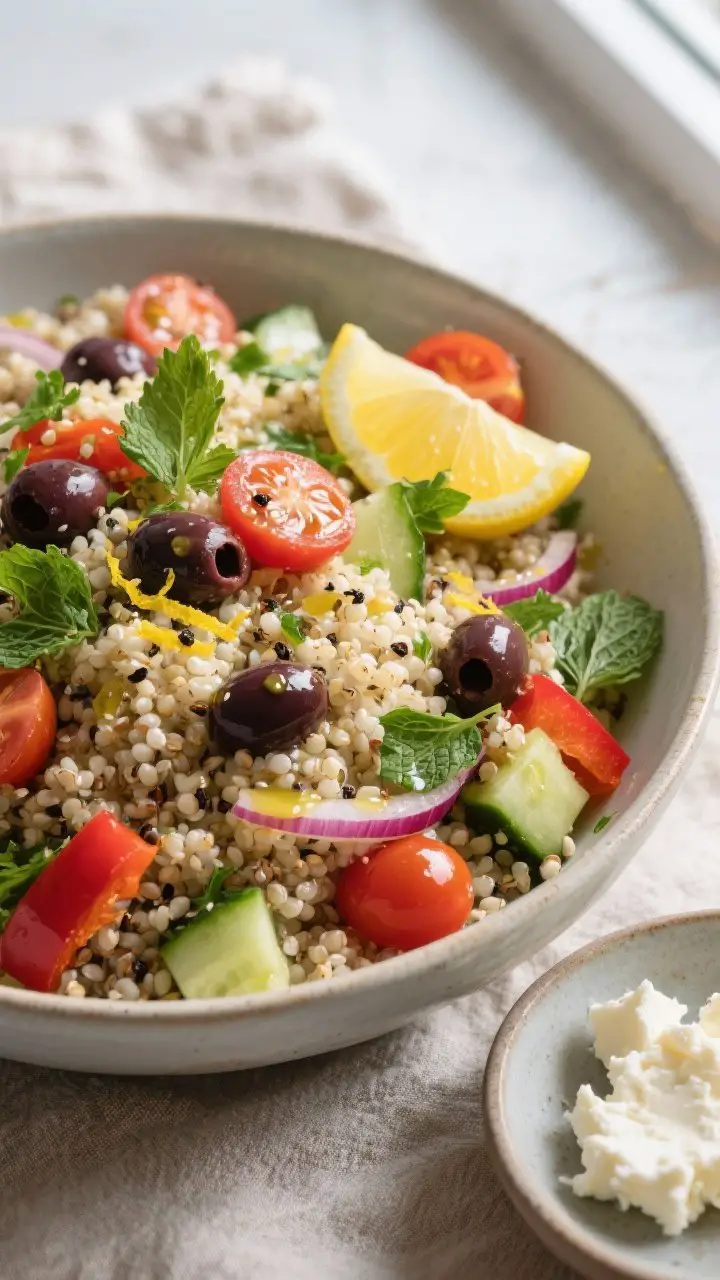 Tasty top view, assembly moment: Overhead shot of a large bowl of fluffy quinoa tossed with lemony o