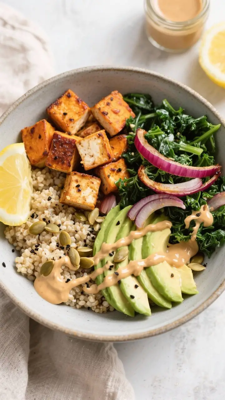 Tasty top view — assembly: Overhead shot of a vibrant Buddha bowl: fluffy quinoa base topped with