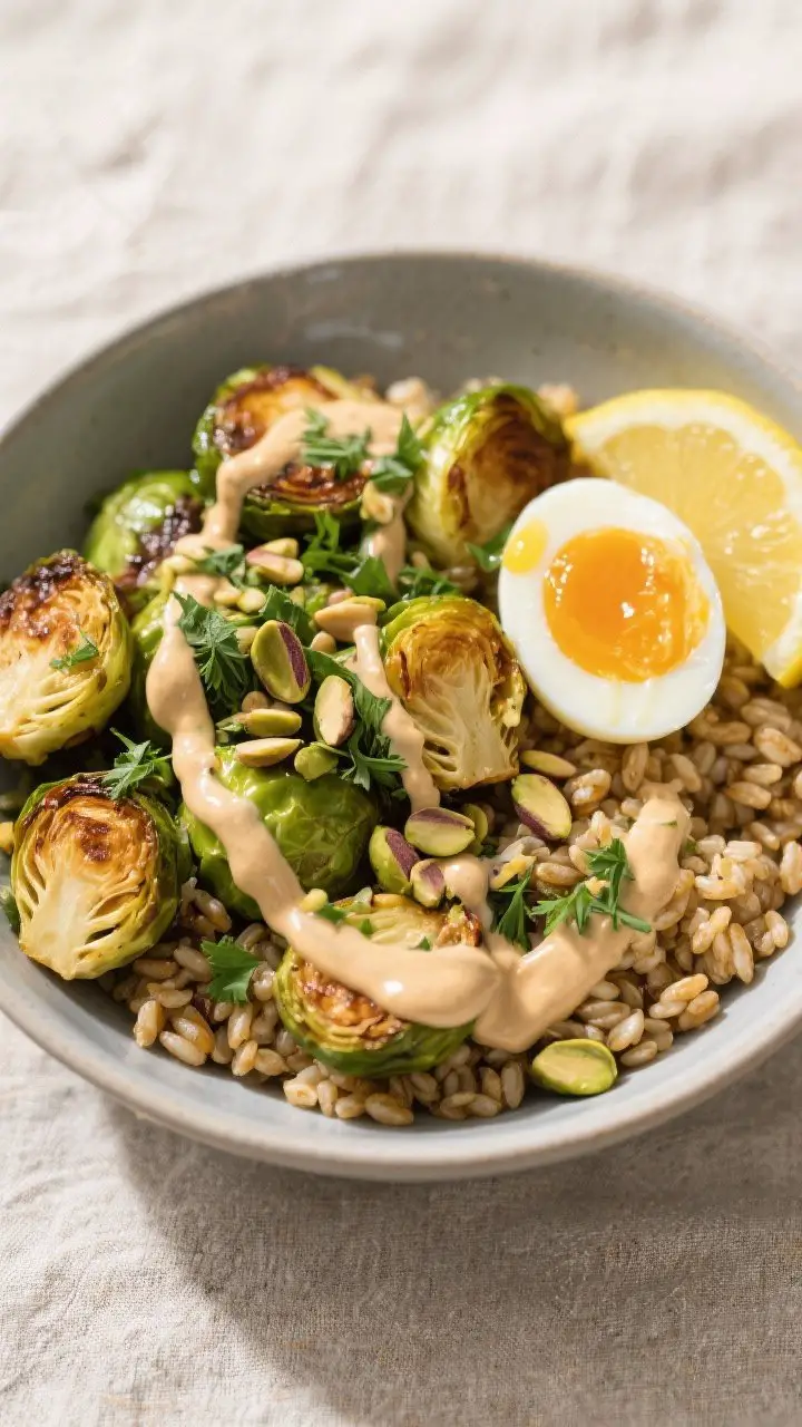 Tasty top view final bowl: Overhead shot of a Roasted Brussels Sprouts and Farro Bowl beautifully co