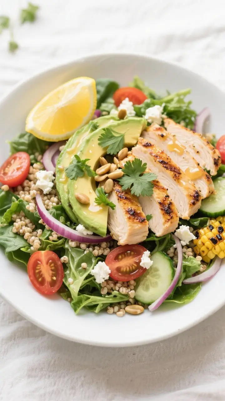 Tasty top view/final dish: Overhead shot of the assembled Grilled Chicken and Avocado Power Salad in
