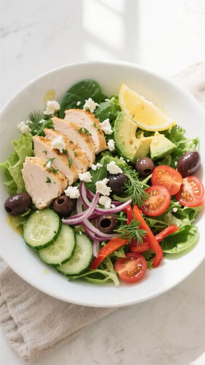 Tasty top view, final salad: Overhead shot of Healthy Greek Chicken Detox Salad in a wide white shal
