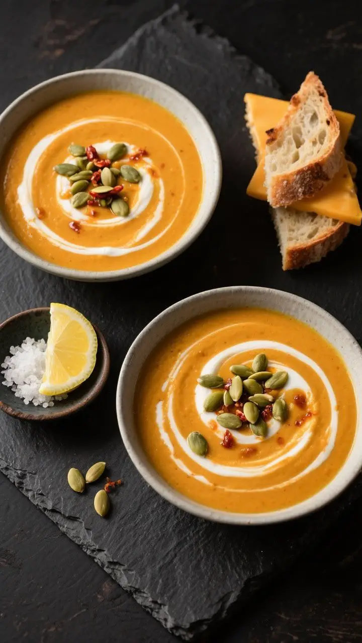 Tasty top view, full presentation: Overhead shot of Sweet Pumpkin Soup served as a composed meal: tw
