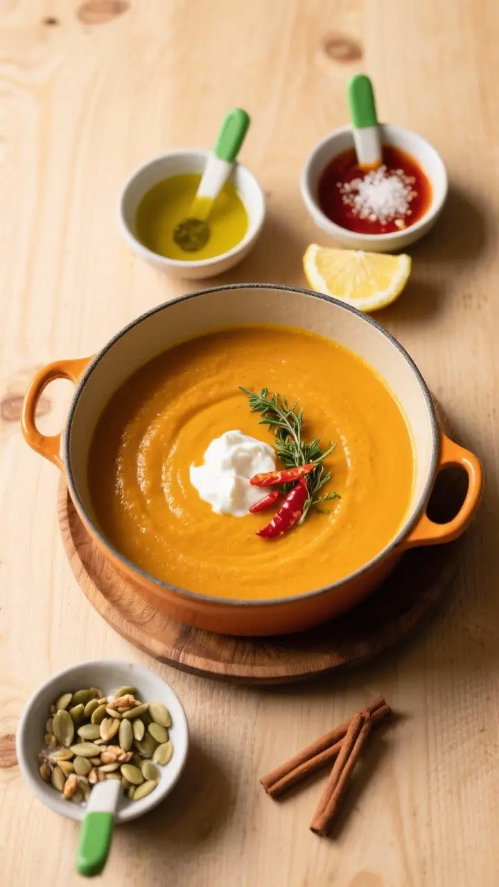 Tasty top view, garnish variety: Overhead shot of pumpkin soup served family-style in a low pot with