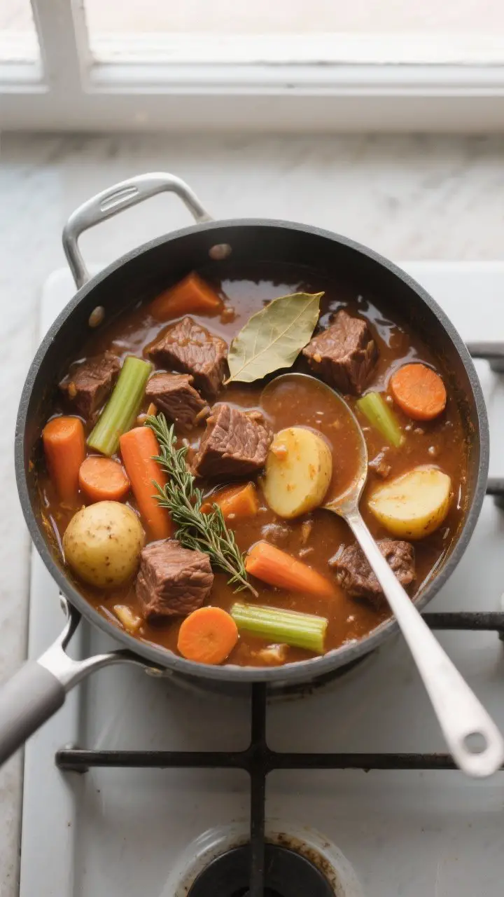 Tasty top view — hearty simmer with vegetables: Overhead shot of bubbling beef stew mid-simmer, te