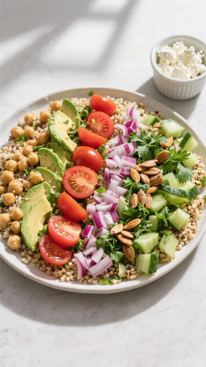 Tasty top view, overhead assembly: Overhead shot of the composed Chickpea and Avocado Salad with Qui
