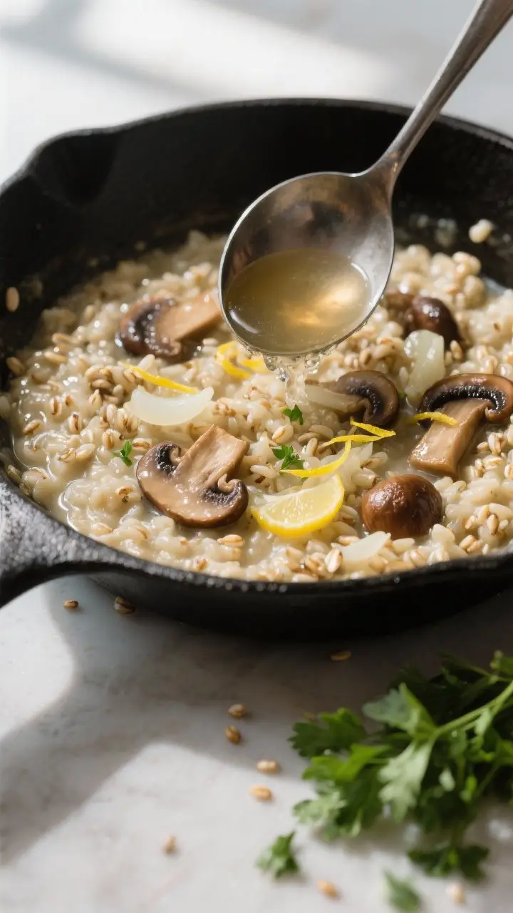 Tasty top view, overhead: Barley and Mushroom Risotto in a low, wide black skillet during the gradua