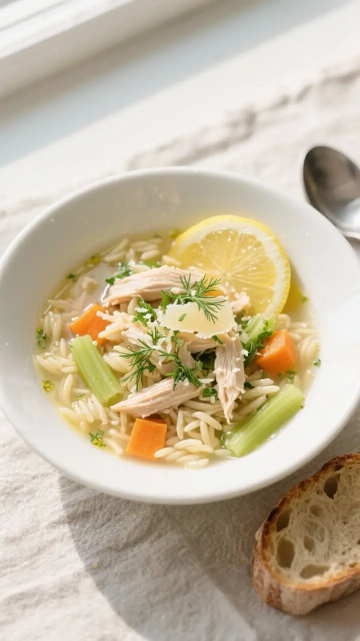 Tasty top view — Overhead bowl shot: Bright, comforting lemon chicken orzo soup served in a wide w