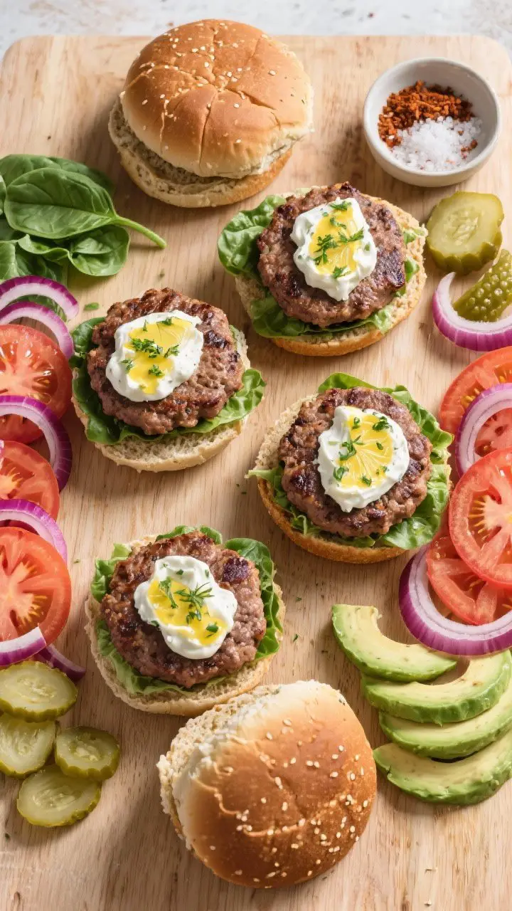 Tasty top view (overhead): Build-your-own burger layout showing four cooked patties resting on toast