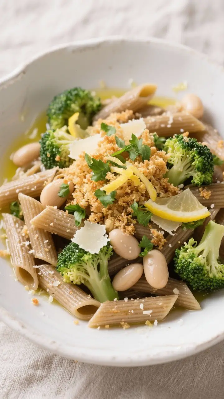Tasty top view: Overhead hero plate of whole grain penne with broccoli and white beans, finished off