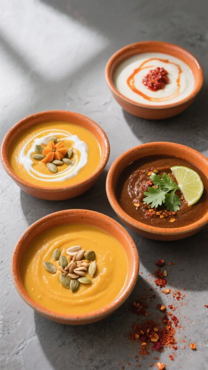 Tasty top view, overhead: Overhead shot of a low-calorie butternut squash soup trio: one bowl classi