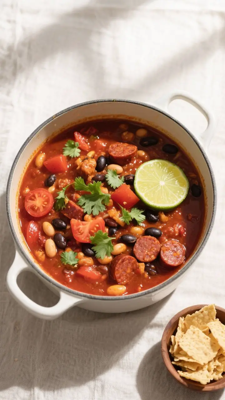 Tasty top view, overhead: Overhead shot of a thick, simmered Spicy Chorizo and Fire-Roasted Tomato C