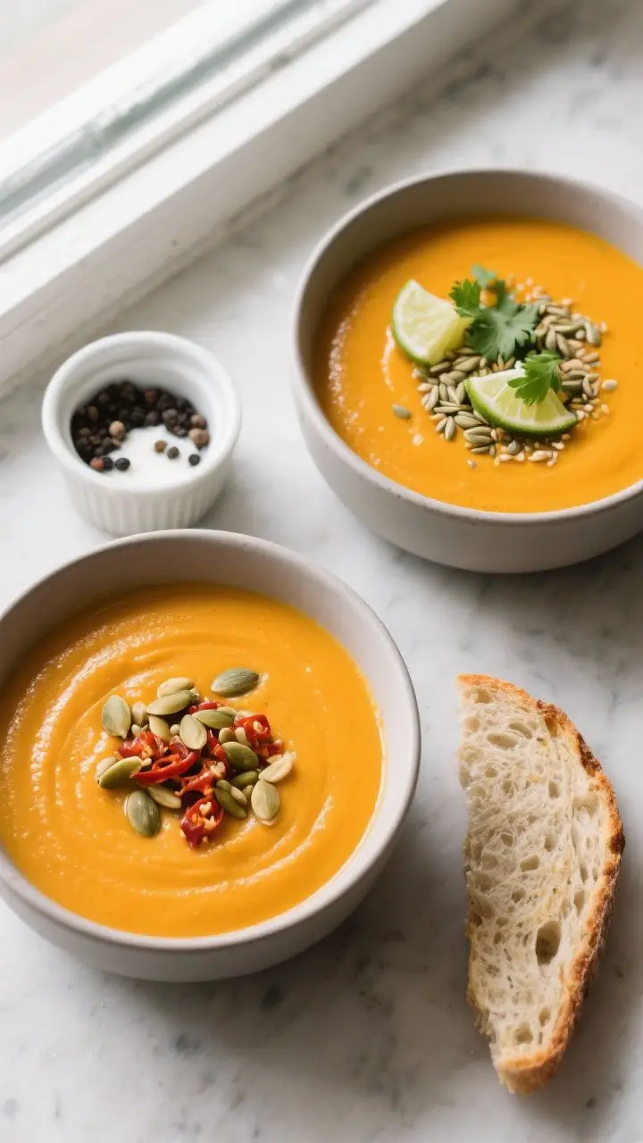 Tasty top view, overhead: Overhead shot of two bowls of Pumpkin Detox Soup with contrasting garnishe