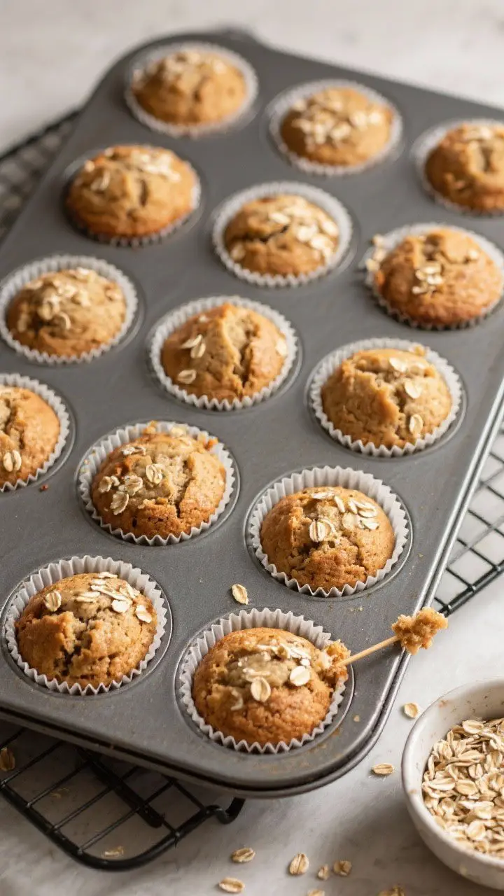 Tasty top view: Overhead shot of a 12-cup muffin tin just out of the oven, each cup holding a risen,