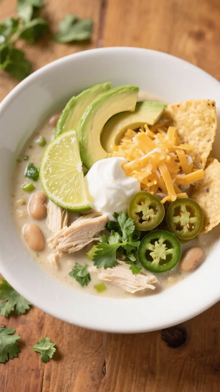 Tasty top view: Overhead shot of a bowl of Creamy White Chicken Chili topped like a pro—avocado sl