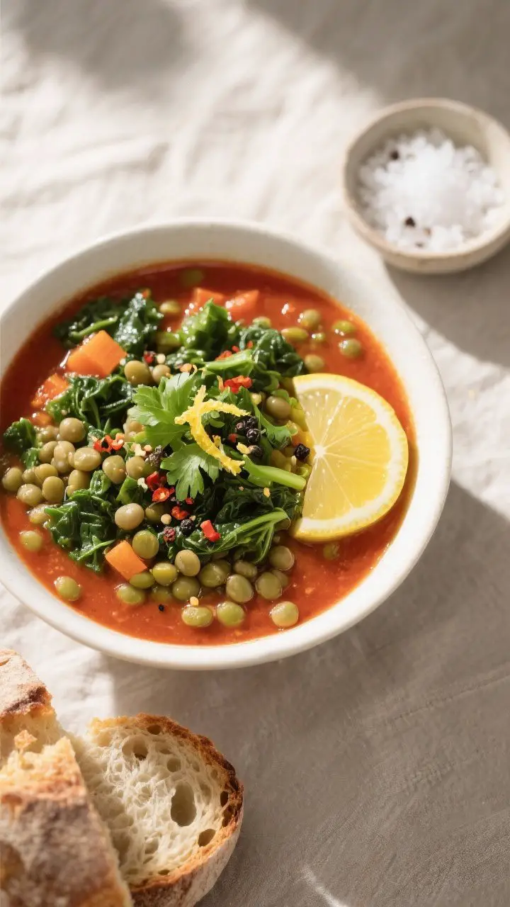 Tasty top view: Overhead shot of a bowl of finished green lentil & kale soup on a neutral linen, sho
