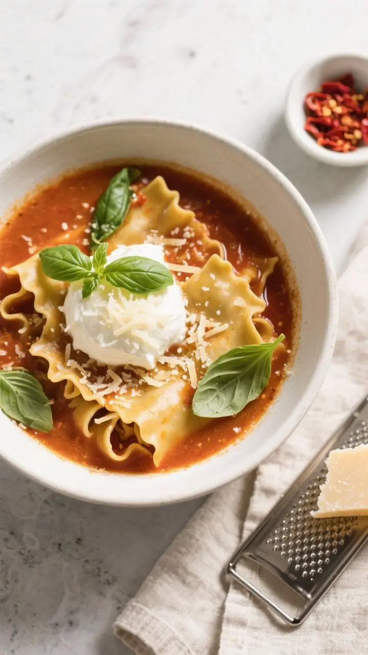 Tasty top view: Overhead shot of a bowl of lasagna soup just served, with a generous ricotta-Parmesa