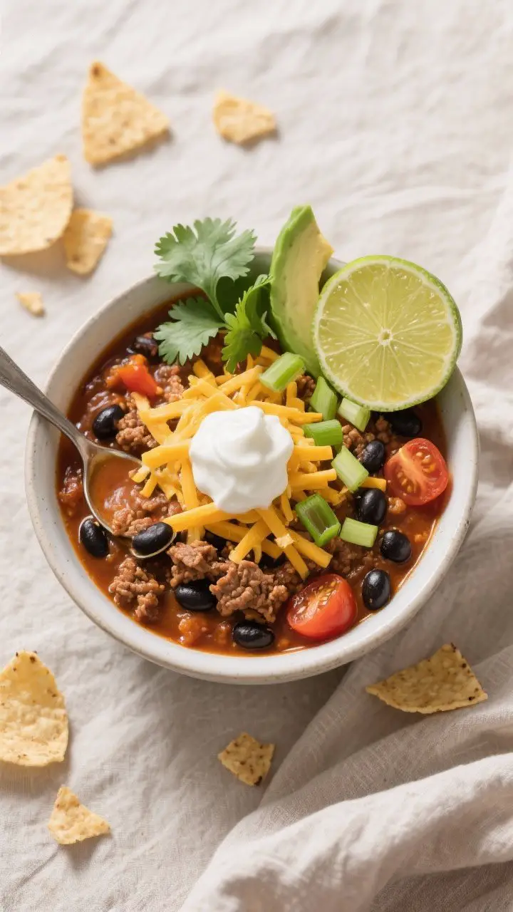 Tasty top view: Overhead shot of a bowl of Pumpkin Chili with Ground Beef and Black Beans, richly co