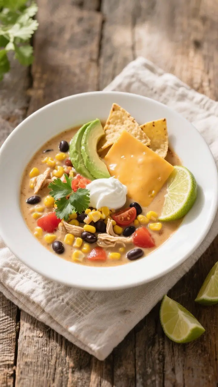 Tasty top view: Overhead shot of a bowl of Southwest Corn & Chicken Crockpot Soup, richly creamy bas