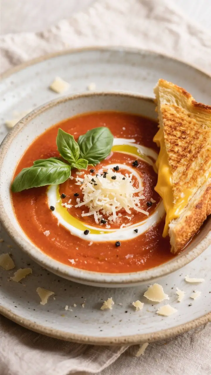 Tasty top view: Overhead shot of a bowl of tomato basil soup finished with a swirl of heavy cream, a