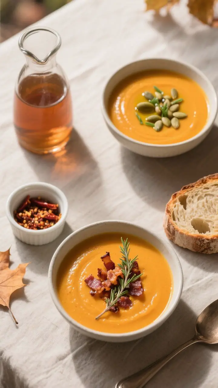 Tasty top view: Overhead shot of a cozy fall table scene featuring two bowls of butternut squash sou