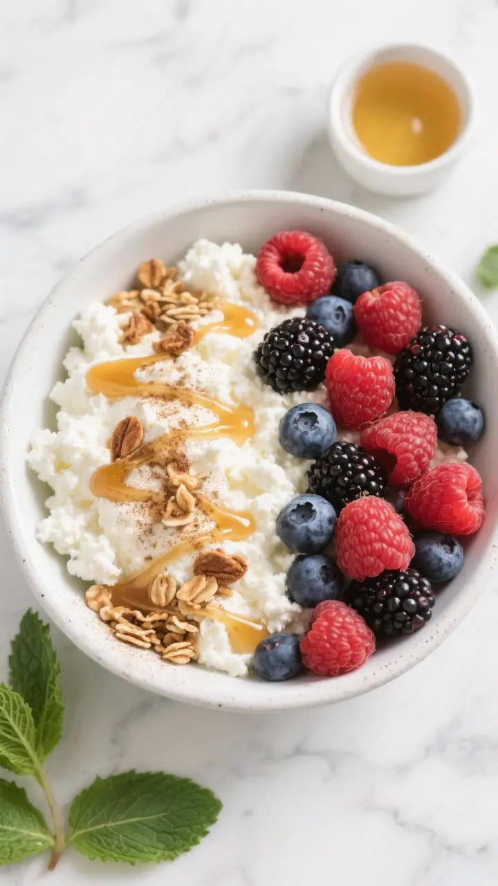 Tasty top view: Overhead shot of a finished bowl of Cottage Cheese with Berries and Honey—small-cu