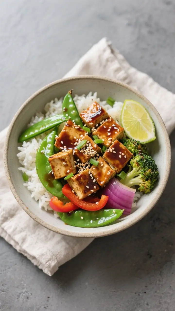 Tasty top view: Overhead shot of a finished bowl of Sheet Pan Teriyaki Tofu with Veggies served over