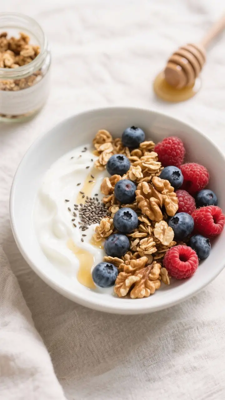 Tasty top view: Overhead shot of a finished Greek yogurt bowl topped with crisp oat granola clusters
