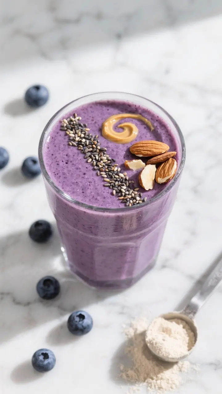 Tasty top view: overhead shot of a finished High-Protein Blueberry Almond Smoothie served in a wide