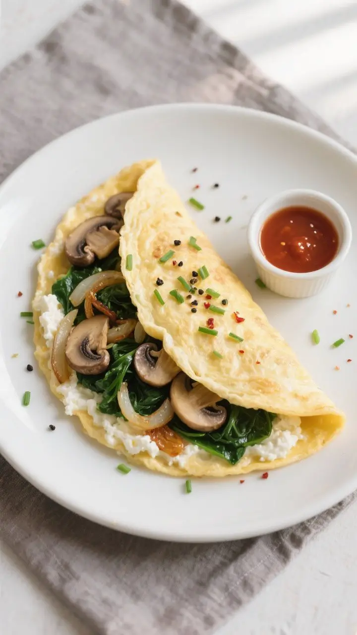 Tasty top view: Overhead shot of a folded cottage cheese omelette just set and custardy inside, fill