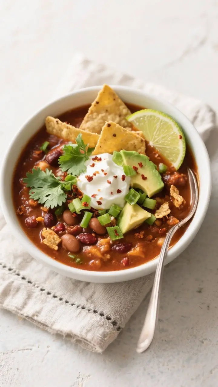 Tasty top view: Overhead shot of a hearty bowl of the finished chili soup, thickened slightly with m