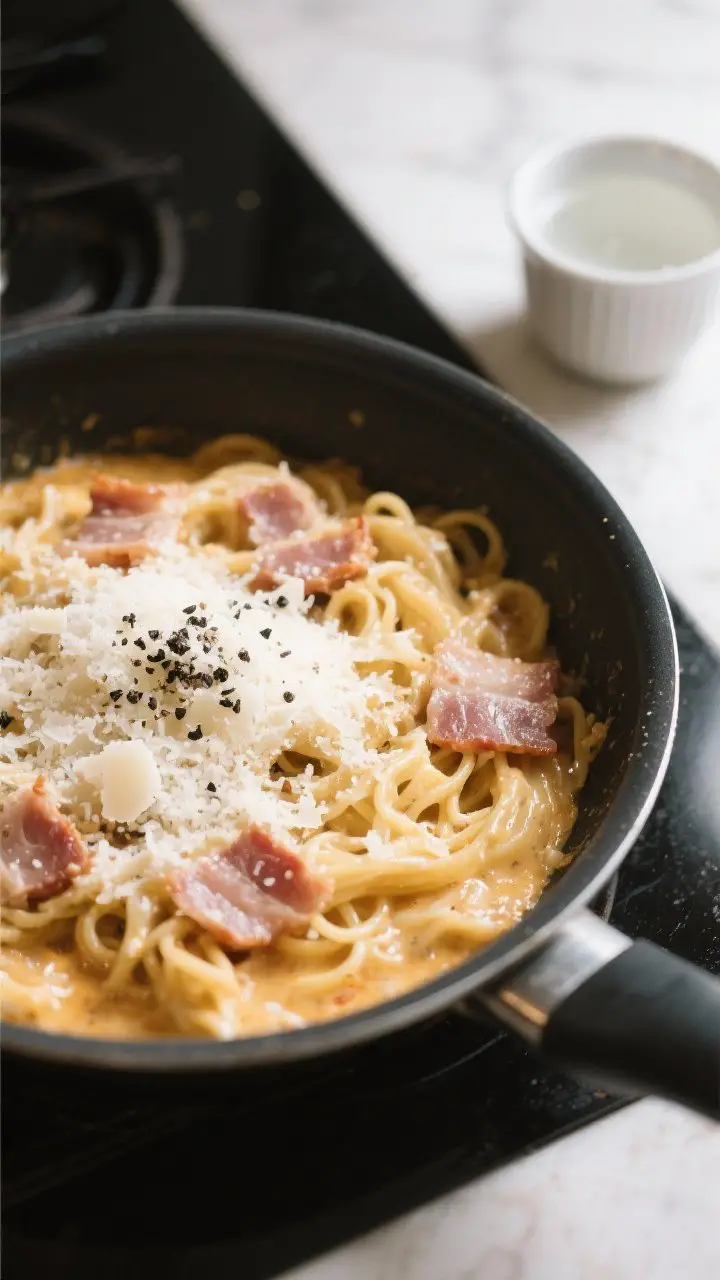 Tasty top view: Overhead shot of a just-finished carbonara in the pan, sauce perfectly glossy (not s
