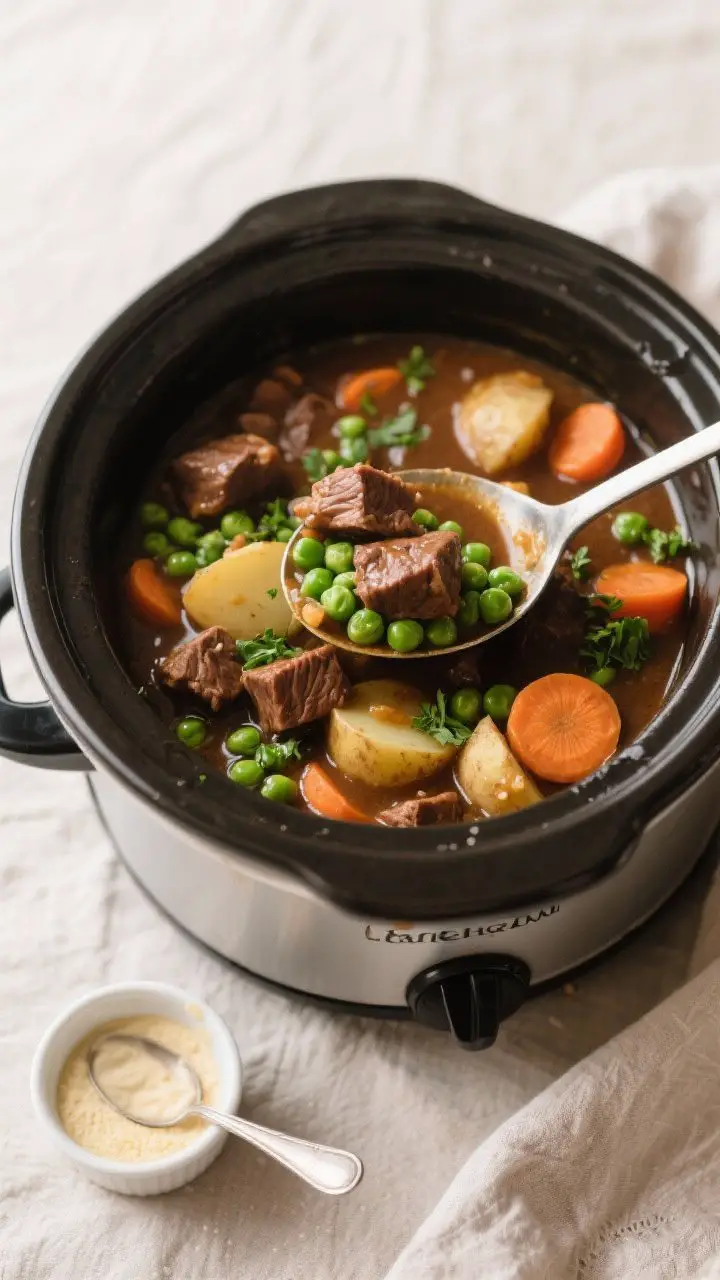 Tasty top view: Overhead shot of a ladle scooping the finished stew from the slow cooker, capturing