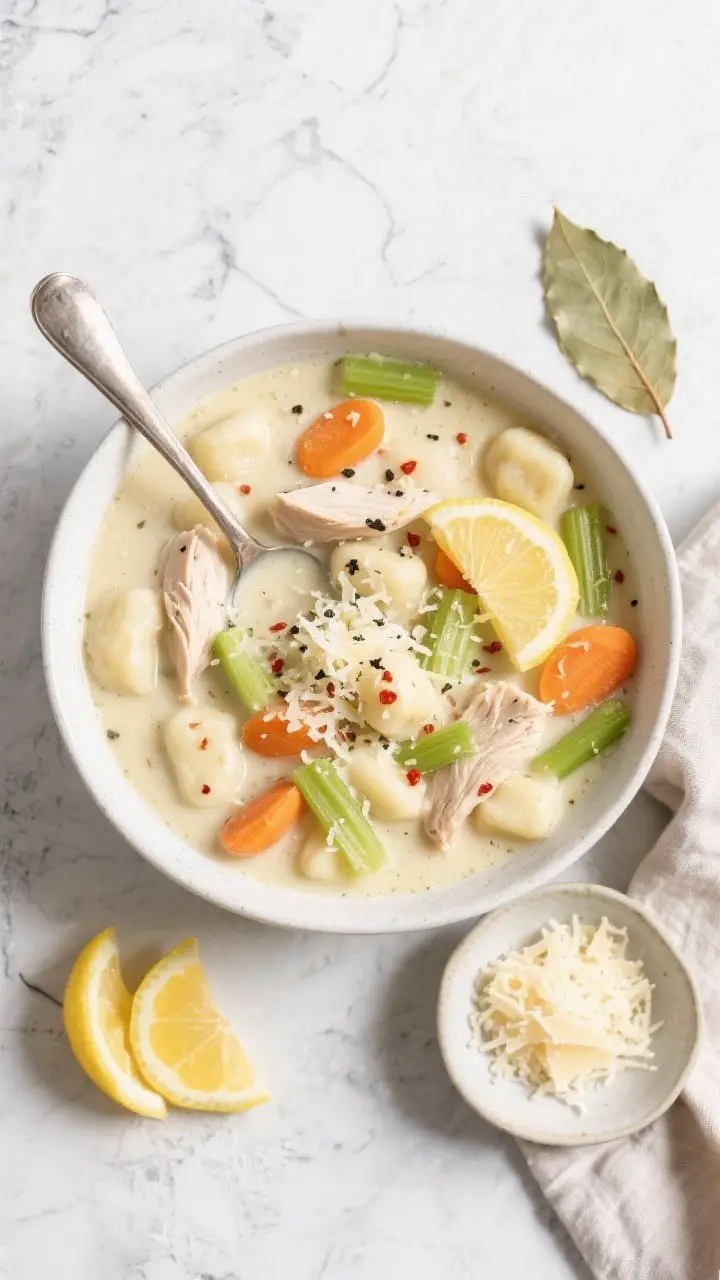 Tasty top view: Overhead shot of a ladled bowl of Creamy Chicken Gnocchi Soup on a light stone surfa