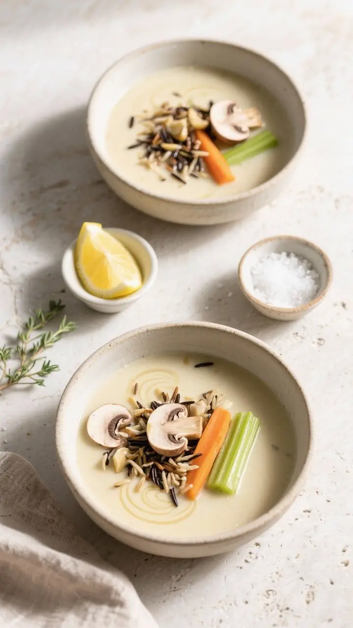 Tasty top view: Overhead shot of a neatly set table with two bowls of the finished soup, showing the
