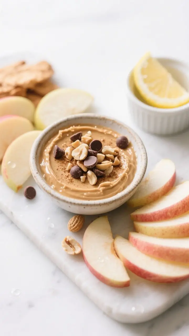Tasty top view: Overhead shot of a snack board featuring a small ceramic bowl of peanut butter dip g