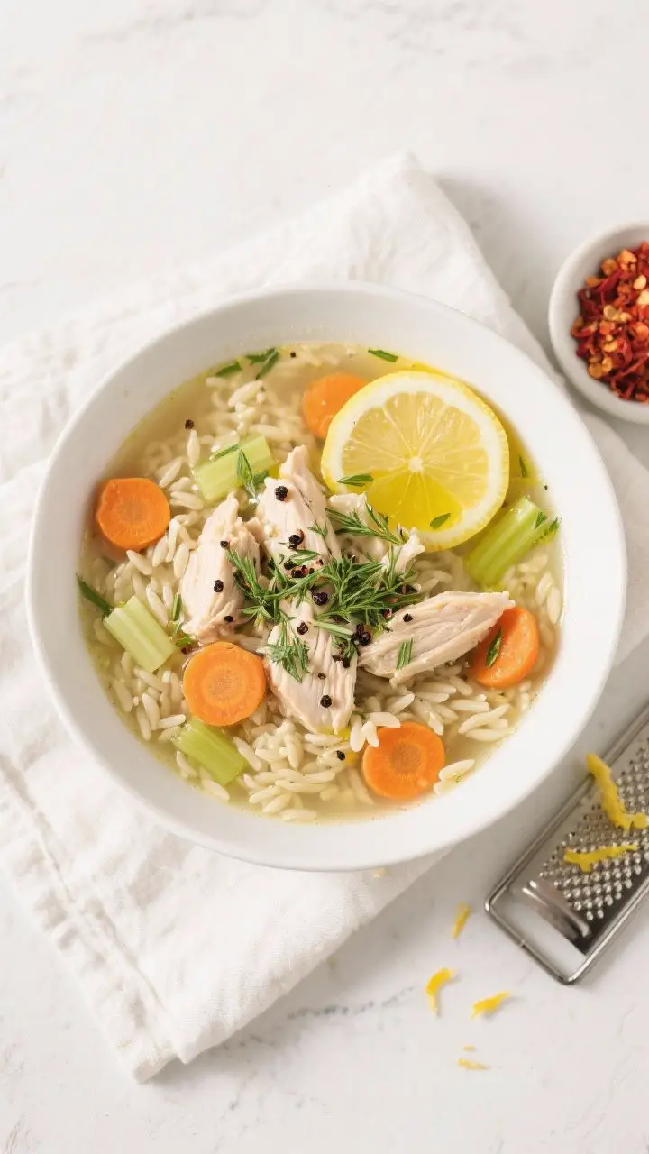 Tasty top view: Overhead shot of a wide, shallow white bowl filled with the finished Bright Lemony C