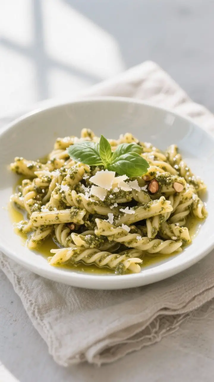 Tasty top view: Overhead shot of al dente trofie pasta tossed with Rustic Pesto Genovese, silky and
