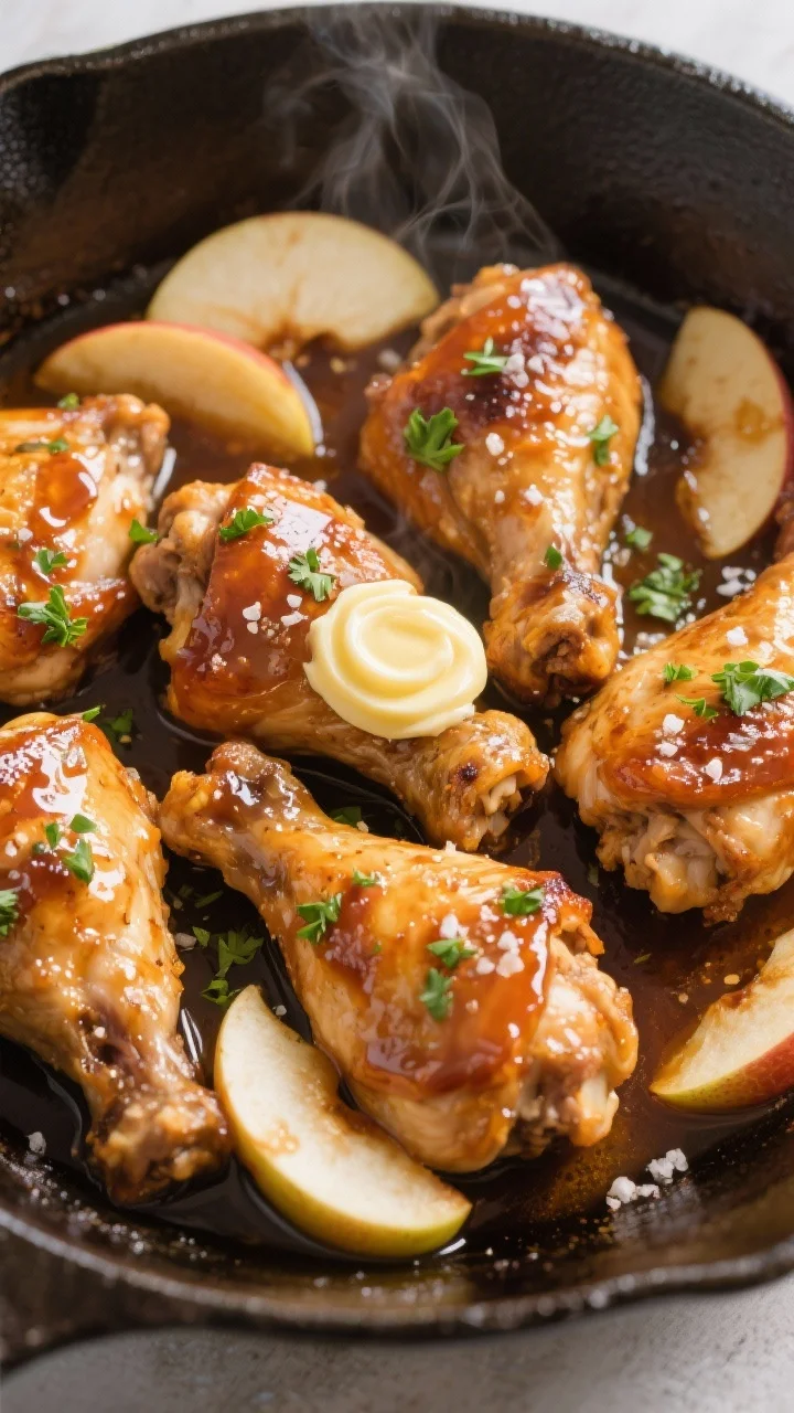 Tasty top view: Overhead shot of Apple Cider Glazed Chicken Thighs nestled in the skillet with reduc