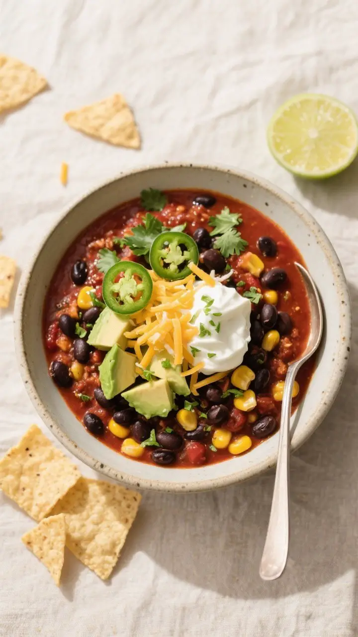 Tasty top view: Overhead shot of finished Black Bean and Corn Chili in a wide, shallow bowl, garnish