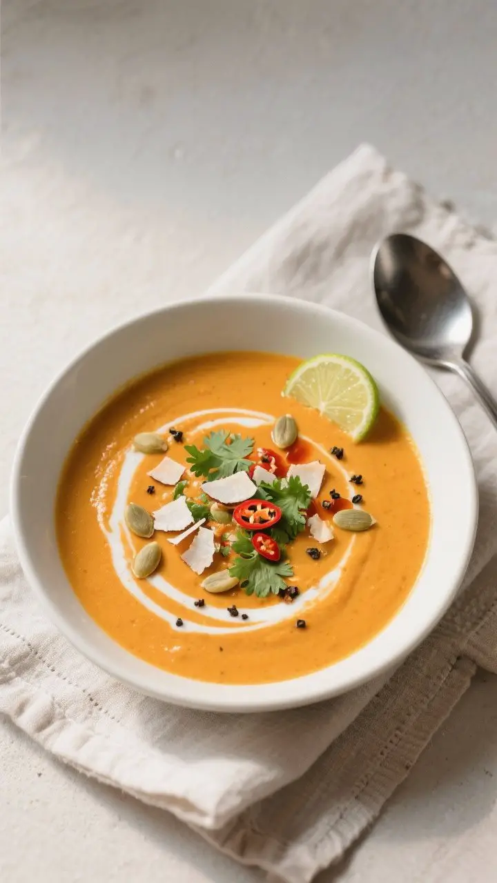 Tasty top view: Overhead shot of finished butternut squash curry soup in a wide matte-white bowl, vi