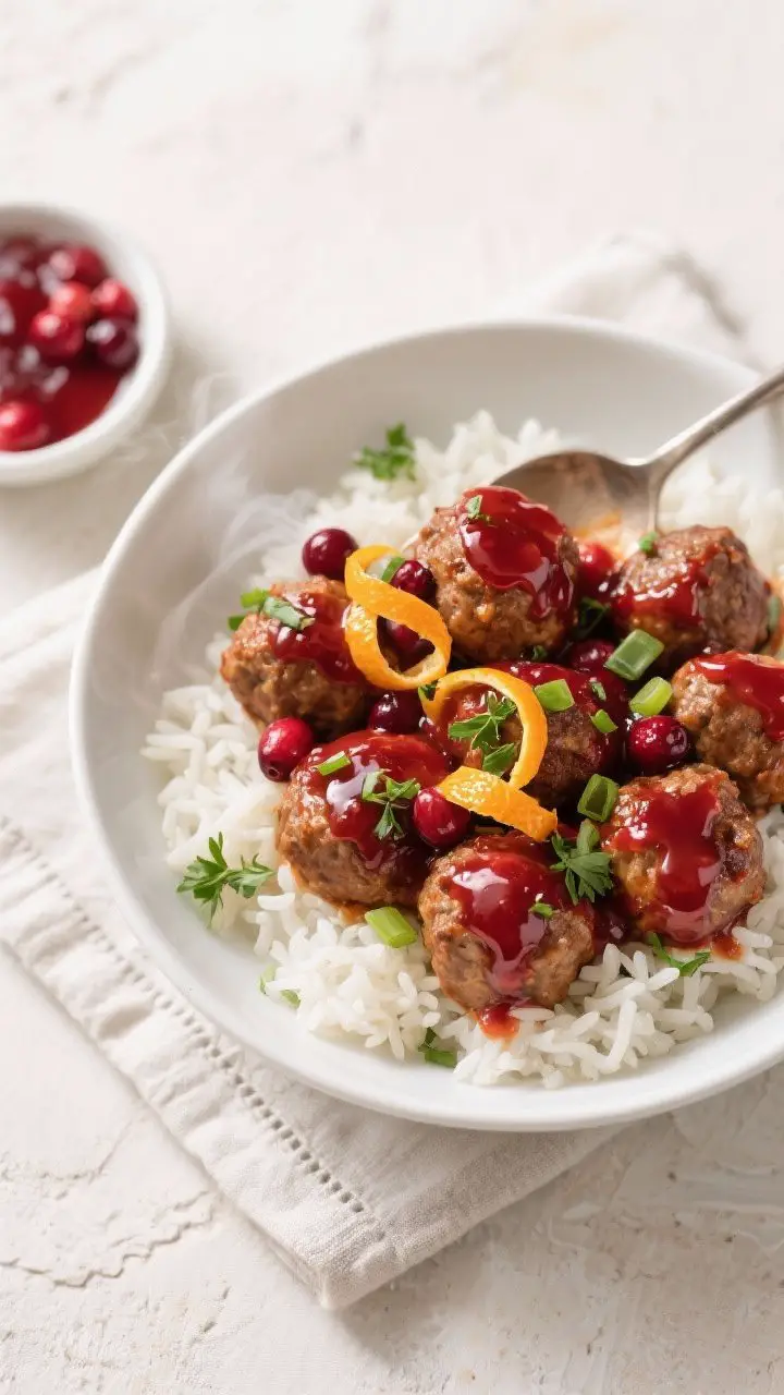 Tasty top view: Overhead shot of finished cranberry orange glazed turkey meatballs served over fluff