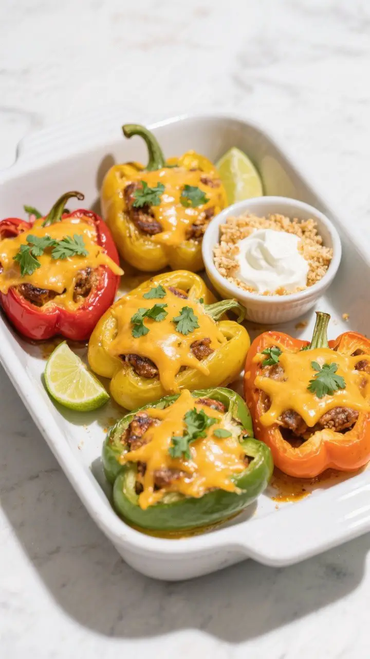 Tasty top view: Overhead shot of four colorful baked bell peppers (red, yellow, orange, green) snug